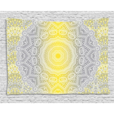 - Grey and Yellow Tapestry, Mandala Ombre Old Boho Pattern with Spiral Round Embellished Floral Print, Wall Hanging for Bedroom Living Room Dorm Decor, 60W X 40L Inches, Yellow Grey, by Ambesonne