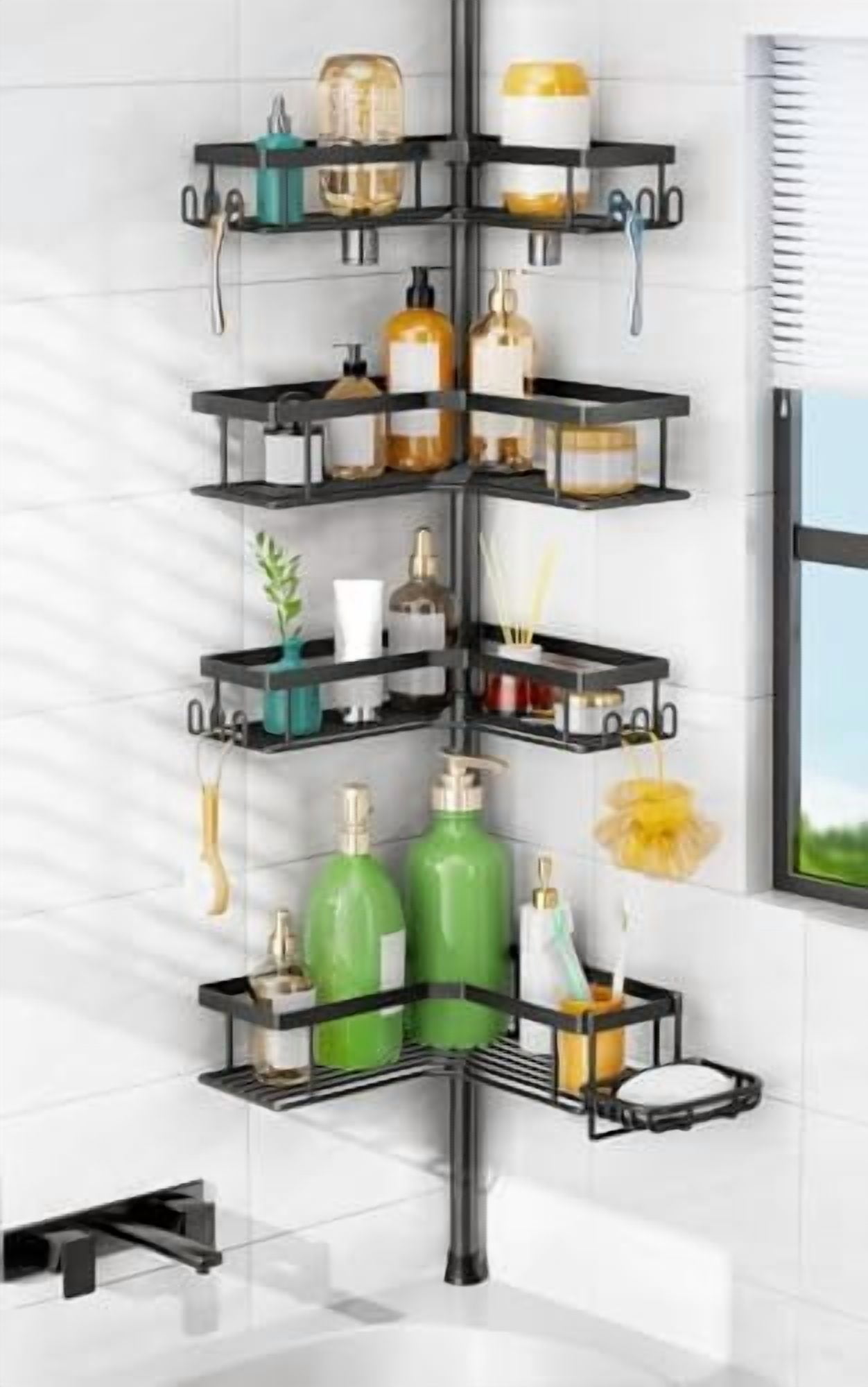 Shower Caddy Tension Pole: 4-Tier Corner Rustproof Bathroom Organizer with Soap Holder & Hooks - No-Drill Adjustable Shower Shelf for Renters - Family Stand Storage Rack - 47-123 Inch