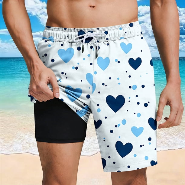 Ceisia Men's Blue Heart & Polka Dot Print Beach Shorts with Quick Dry Stretch Fabric and Anti-Exposure Liner Multicolor M Gifts