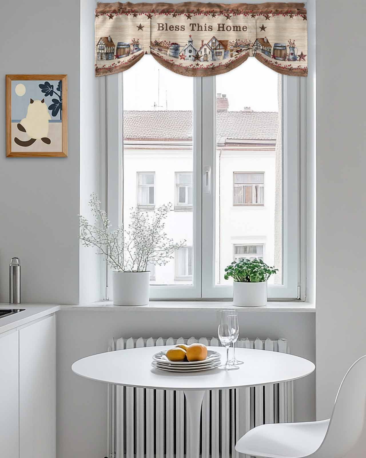 Bless This Tie Up Valances Curtain, Adjustable Kitchen Home Farmhouse Country Star Barn Retro Wood Grain Valances for Windows Decor, Rod Pocket Short Curtains Set for Bedroom/Bathroom, 54"x18"