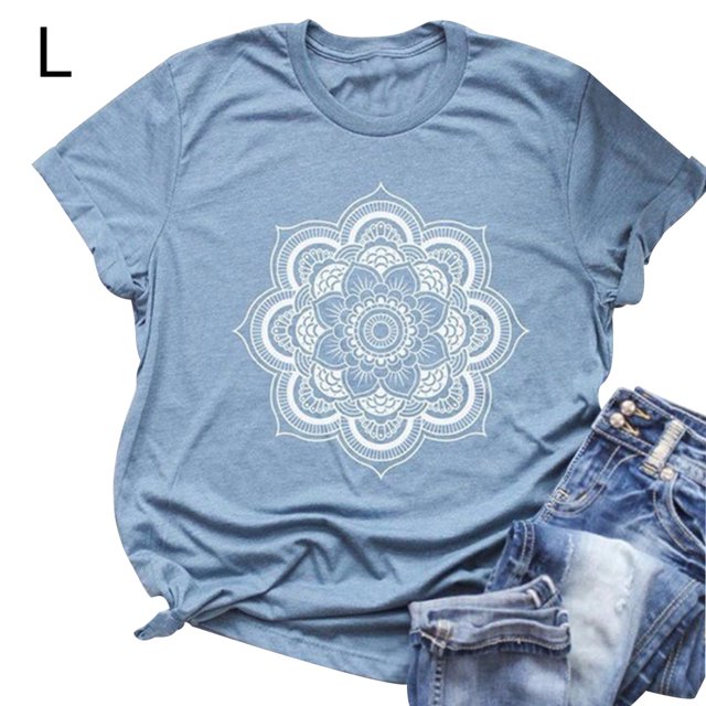 Camiseta de mujer Blusa de verano con cuello redondo y manga corta floral, azul claro, L Jumpingount AP002559-27