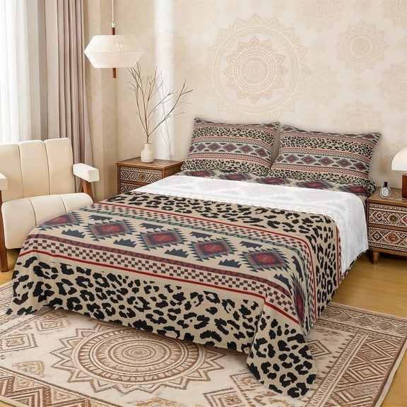 Erosebridal Hippie Aztec Full Size Sheets, Brown Black Leopard Print Bed Sheets, 4pcs 1 Flat Sheet, 1 Fitted Sheet and 2 Pillowcases