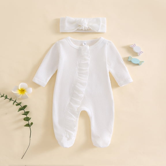 RMGVDSD Newborn Baby Girl Fall Clothes Infant Footies Romper Ruffle Long Sleeve Onesie Jumpsuit Headband Soft Knit Coming Home Outfit