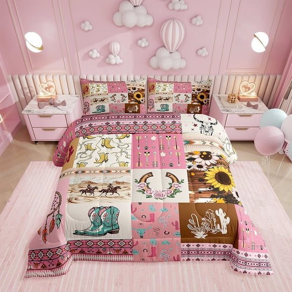 Western Bedding Queen Size Cowgirl Floral Horseshoe Boots Comforter Set, Sunflower Dreamcatcher Decor Bedding Sets Boho Stripes Arrow Geometry Diamond Pink Room Decor