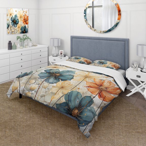Designart "Blue Orange Petal Mosaics I" Abstract Botanicals Bedding Covert Set - Modern Teal Abstract Bed Set With 2 Shams