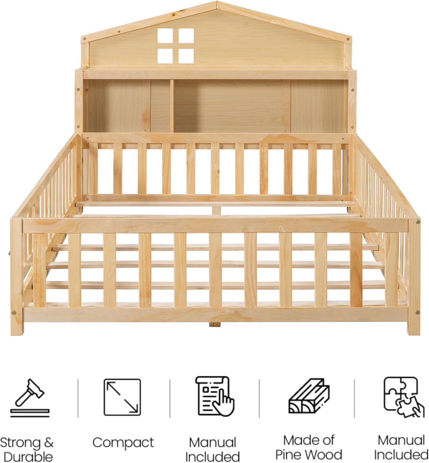 Mirightone Full Montessori Floor Bed with Storage Headboards and Guard rails, Montessori Bed Frame with Blackboards for Kids Teens, Natural
