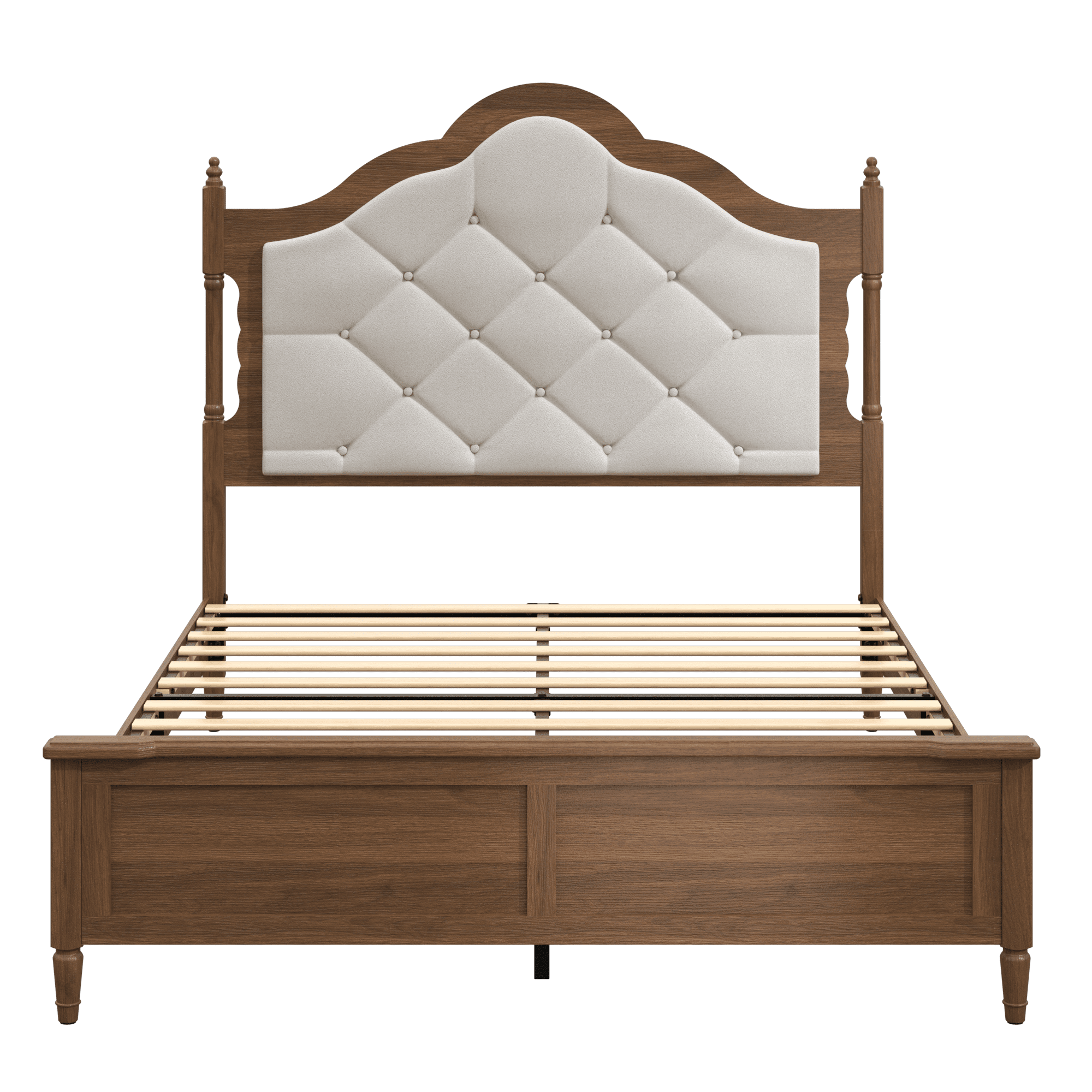 Miniyam Queen Size Farmhouse Upholstered Platform Bed Frame with Diamond Tufted Headboard, Brown Wood Finish