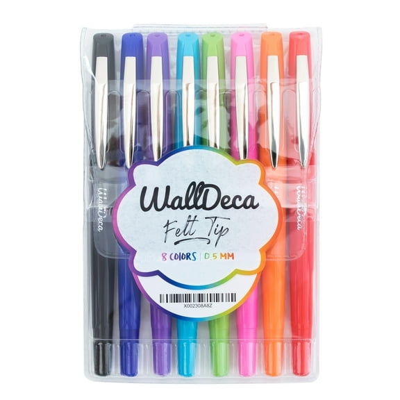 WallDeca Felt Tip Pens, Fine Point (0.5mm), Assorted Rainbow Colors, 8 Count