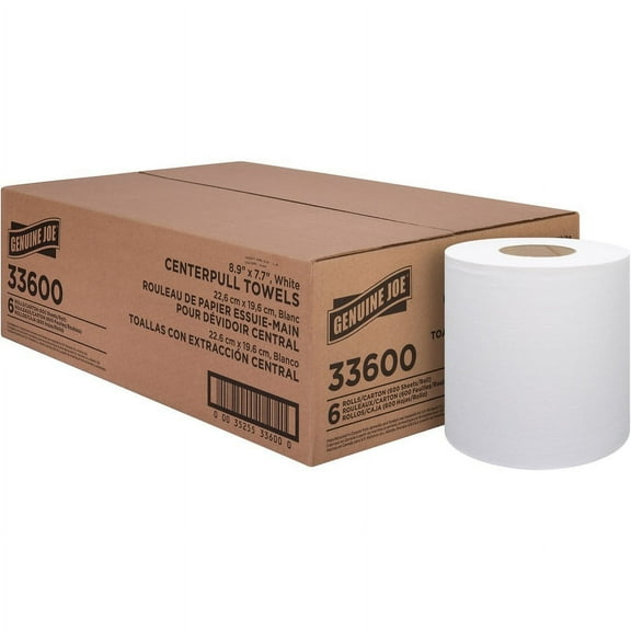 Genuine Joe Centerpull Towel Rolls - 600 Sheets/Roll - White - Virgin Fiber - Center Pull, Soft, Absorbent - For Washroom - 6 / Carton | Bundle of 5 Cartons