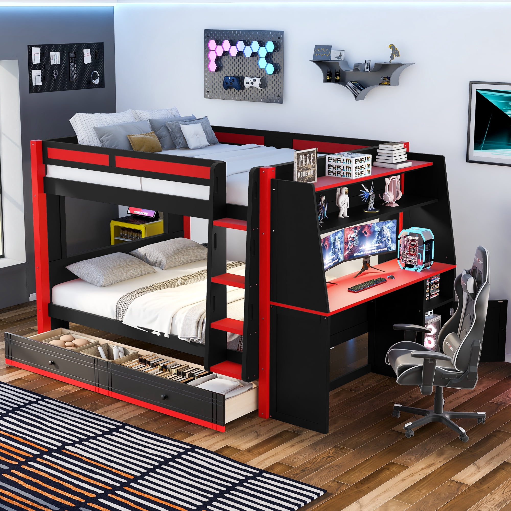 Euroco Wood Full over Full Bunk Bed with Desk and Shelves, Gaming Bed with Drawers and LED Lights, Red & Black