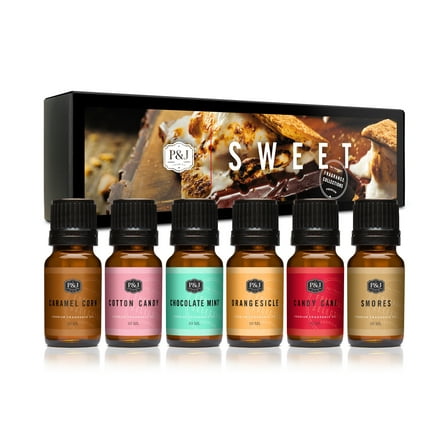 Sweet Set of 6 Fragrance Oils - Premium Grade Scented Oil - 10ml - Chocolate Mint, Cotton Candy, Caramel Corn, Orangesicle, Candy Cane, and Smores