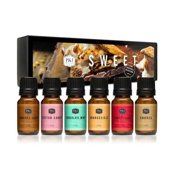 Sweet Set of 6 Fragrance Oils - Premium Grade Scented Oil - 10ml - Chocolate Mint, Cotton Candy, Caramel Corn, Orangesicle, Candy Cane, and Smores
