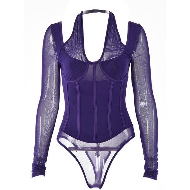 VISgogo Body de retazos transparente para mujer, Pelele de manga larga de color sólido sin espalda para adultos VISgogo moda