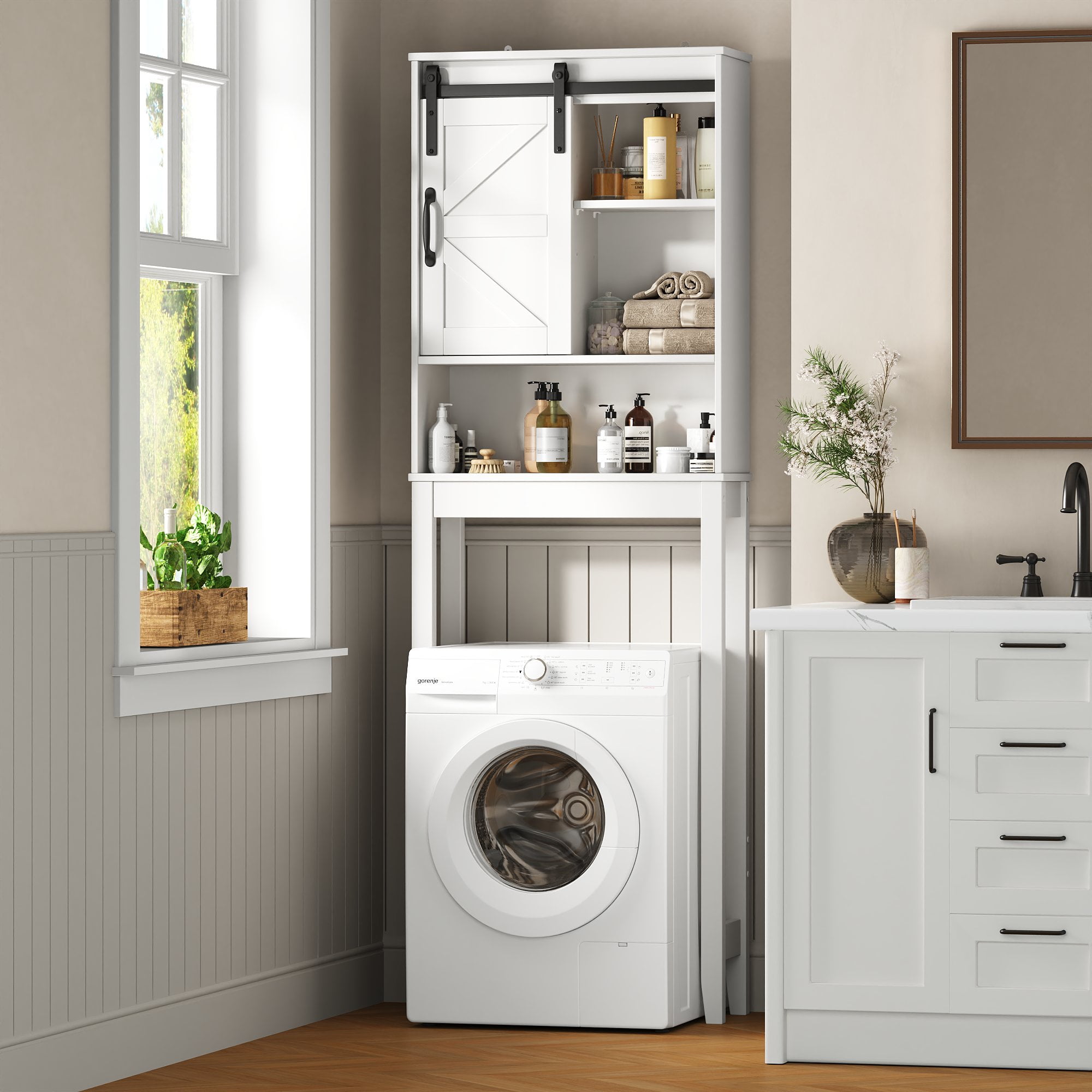 Over the Toilet Storage Cabinet, Rustic Storage Cabinet Over Toilet with Sliding Barn Door & Adjustable Shelves, Farmhouse Space Saver Organizer for Bathroom,Living Room, White