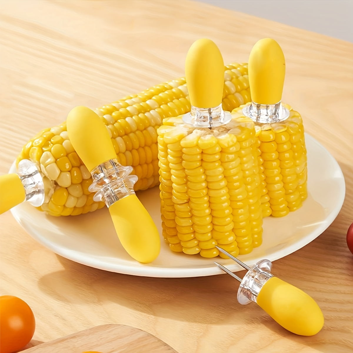 Stainless Steel Corn on the Cob Holders Set, Yellow Silicone Handle Corn Forks with Double Prongs for BBQ Grilling and Cooking, Corn Skewer Picks