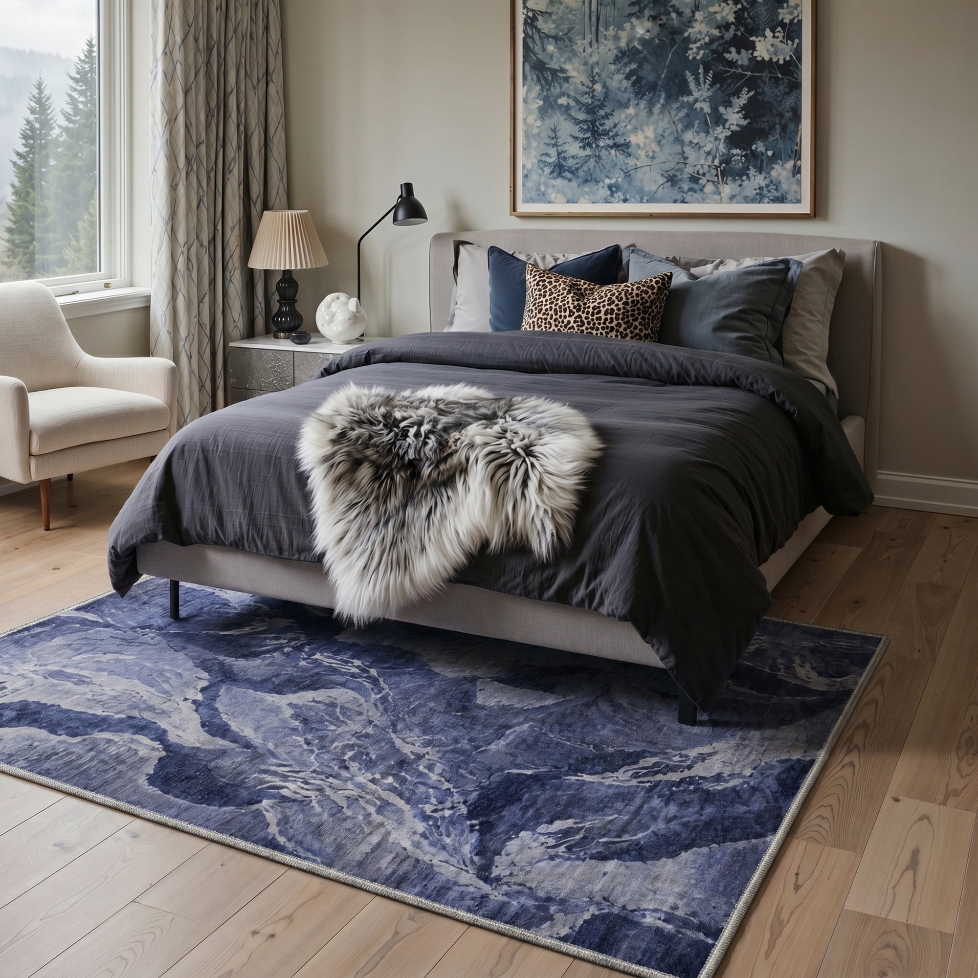 GENIMO 8'x10' Floral Botanical Area Rug for Living Room, Large Machine Washable Non Slip Low Pile Rug for Bedroom Dining Room, Dusty Blue