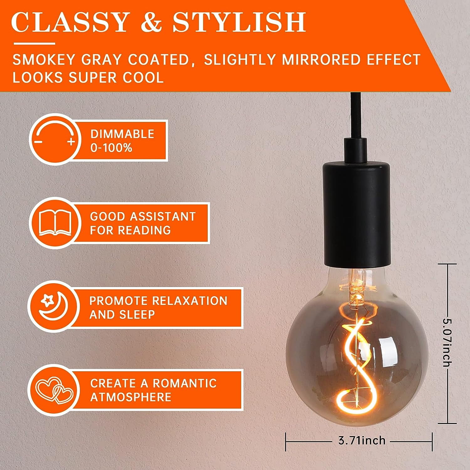 OMED G95/G30 Smoke Grey Large Globe Dimmable LED Edison Bulbs 2 Pack, 4W 2200K Warm White Mirrored Decorative Light Bulbs 40 Watt Equal, E26 Round Edison Bulbs for Bedroom Bathroom and Living Room