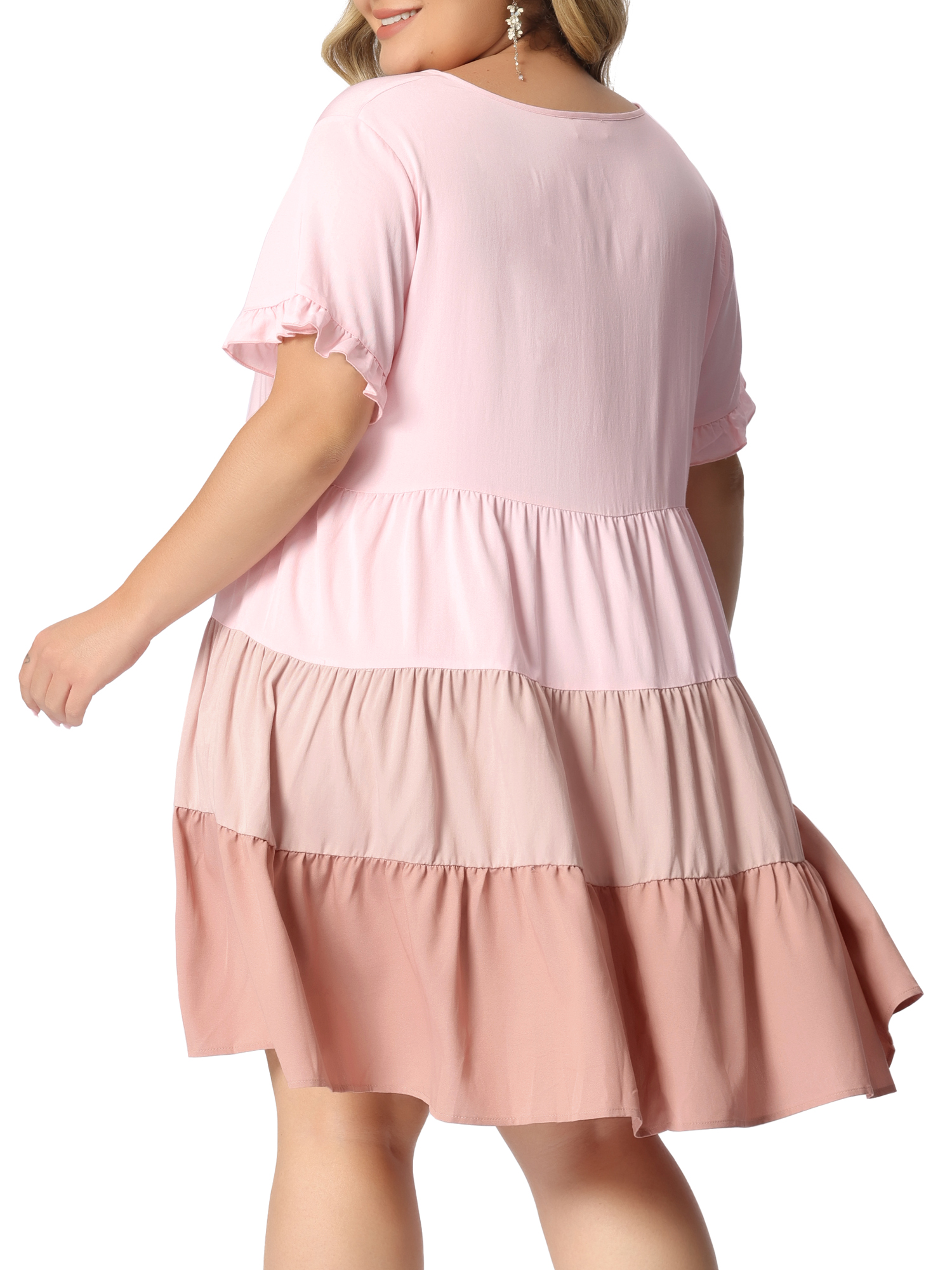 DARING DIVA Babydoll Ruffle Flowy Swing Hem Chambray Mini Dress 1X Pink