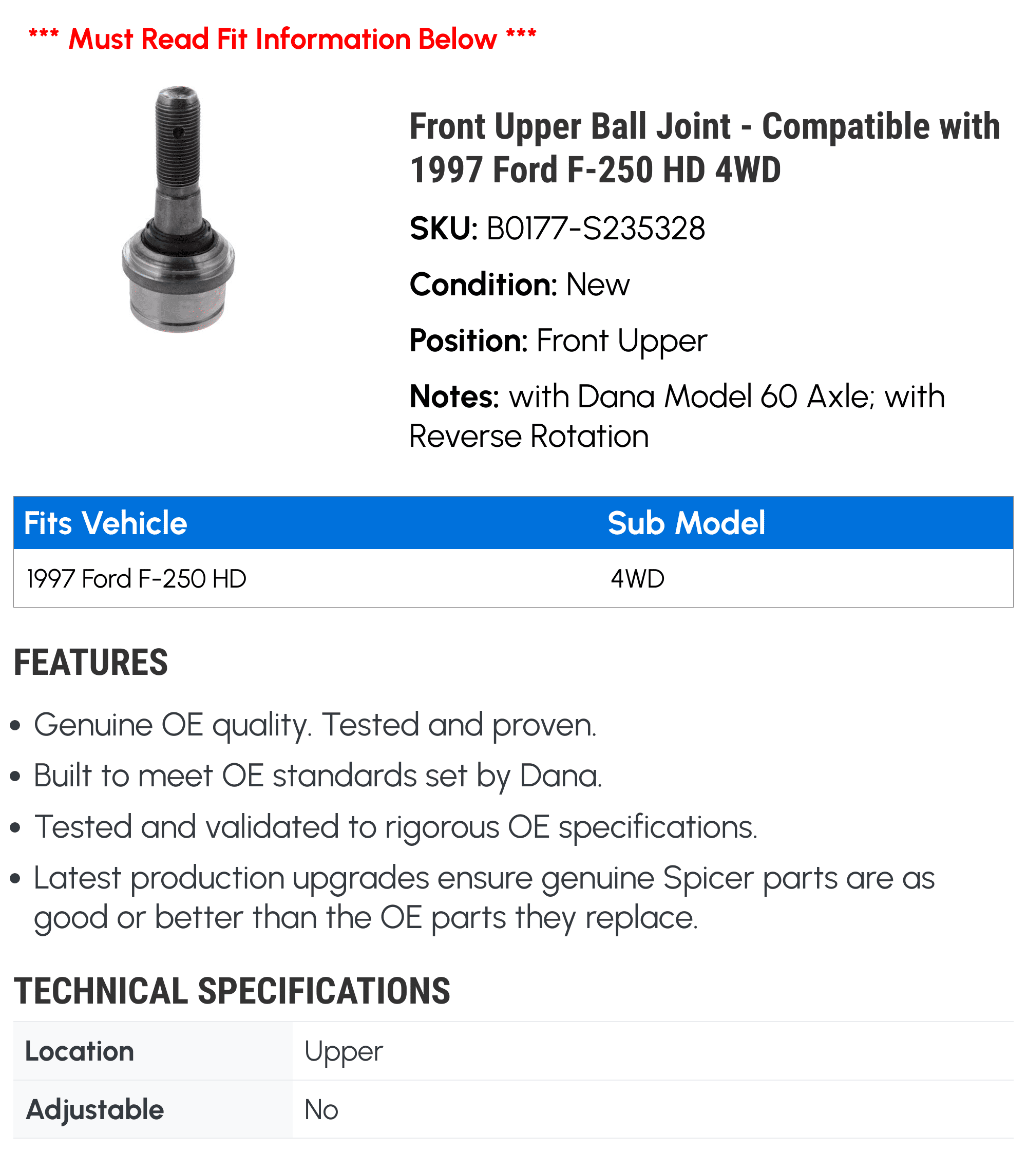 Front Upper Ball Joint - Compatible with 1997 Ford F-250 HD 4WD