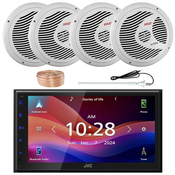 JVC KW-M695BW 6.8" WSVGA LCD Display Single-DIN Bluetooth USB/MP3 Digital Media Shallow Chassis Multimedia SiriusXM Ready Receiver, 4x 6.5" 150 Watts Max Power Full Range Speakers W/Wire, Antenna