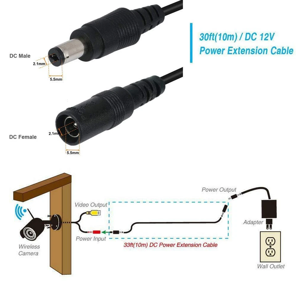 BUTTERFLY- Hiseeu 30Ft 5.5Mm X 2.1Mm 12V Dc Power Extension Cable For Security Ip Camera