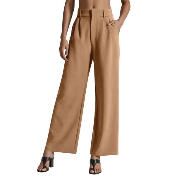 Pantalones de vestir de cintura alta y pierna ancha para mujer - Pantalones de trabajo con pliegues, elástico en la parte trasera y bolsillos laterales