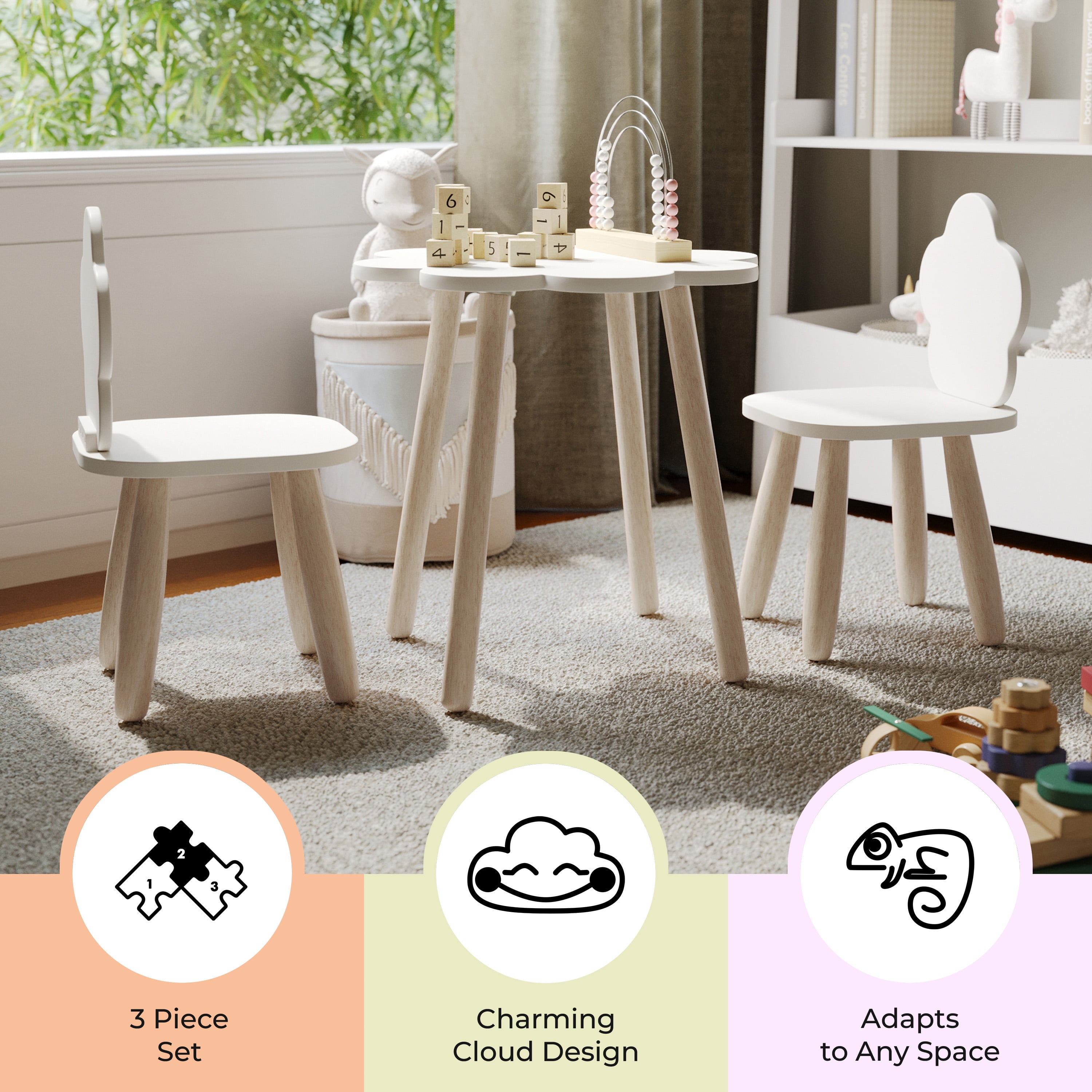 Buzz & Bloom Kids 3-Piece Wooden Cloud-Shaped Table and Chairs Set, White/Natural