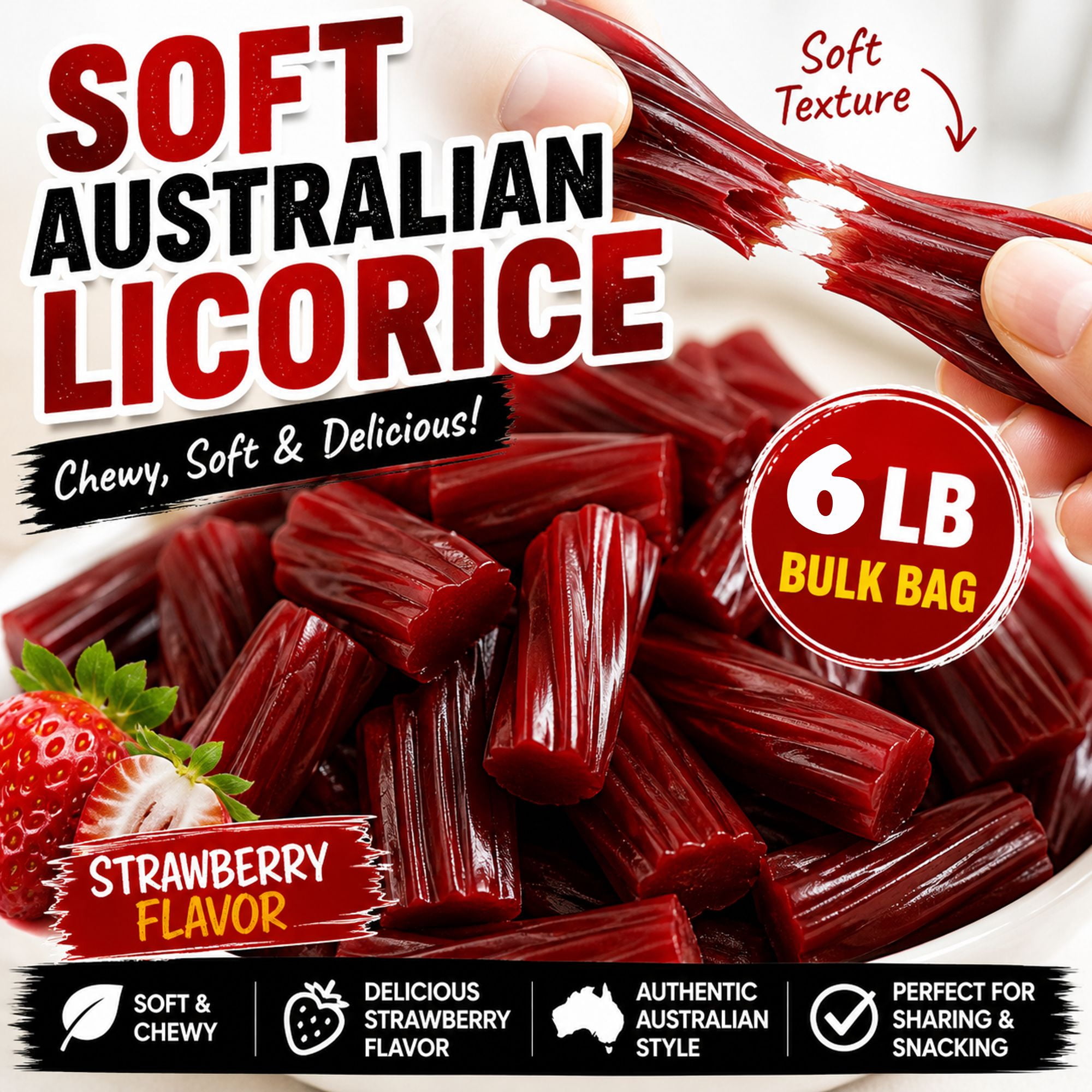 Michele’s Pantry Soft Australian Style Strawberry Licorice, Chewy Candy, 3 Pack, 6 lbs Total