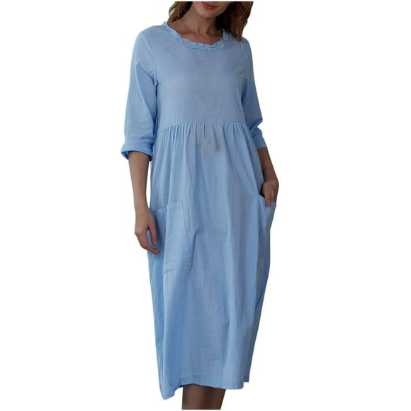 Women's Tea Length Cotton Linen Dress Clearance Solid Holiday Autumn Dresses Boat Neck Elegant Casual Comfy Vintage Boho 3/4 Sleeves Sky Blue L