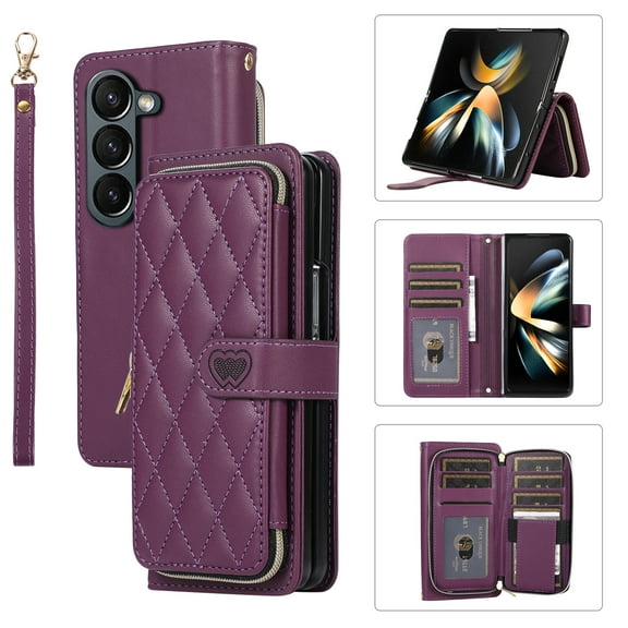 TECH CIRCLE Wallet Case For Samsung Galaxy Z Fold5,PU Leather Magnetic Flip Folio Purse Case with Card Slots Holder Shoulder Strap Wristlet Girl Women Case for Samsung Galaxy Z Fold 5 7.6",Darkpurple
