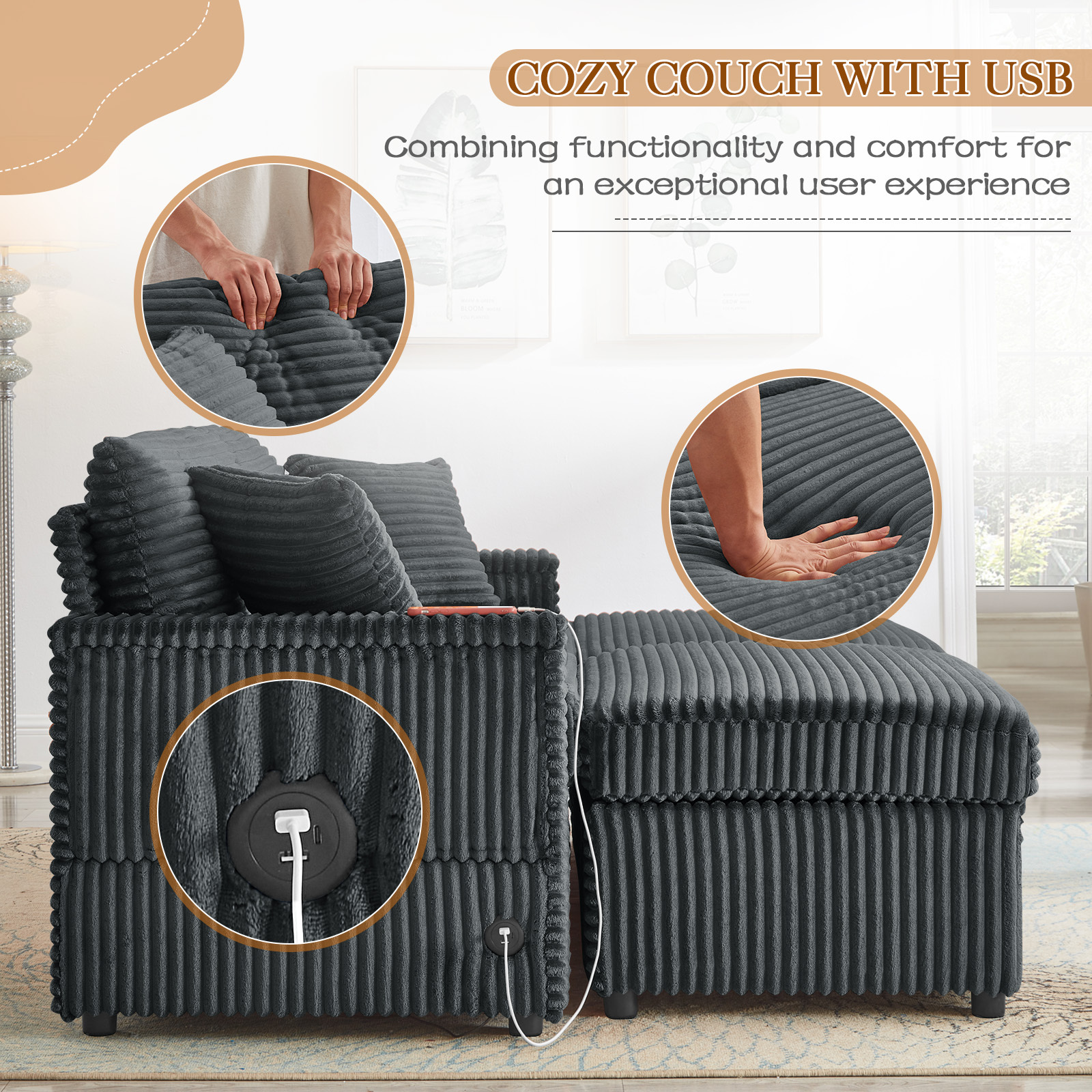Muumblus Loveseat Sectional Sofa with 2 Storage Ottomans, Modular Cloud Couch with 2 Side Tables & USB, Plush Double Chaise Lounge Sofa Bed Indoor, Gray Corduroy