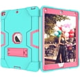 thumbnail image 2 of Case for iPad 6th 2018 / 5th 2017, Kickstand Shockproof Kids Proof Case Heavy Duty High Impact Resistant Hybrid Three Layer Rugged Defender Full Body Protection Case, Mint+Rose, 2 of 6