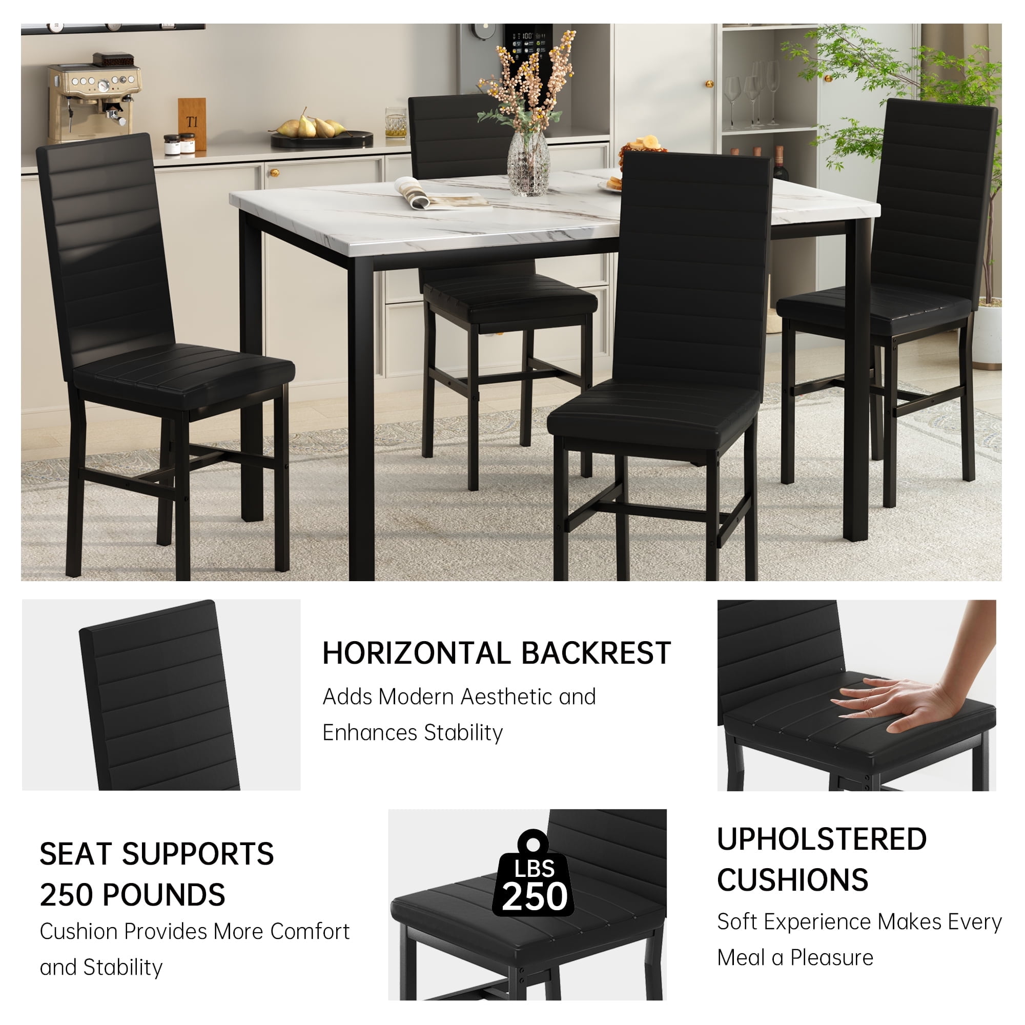 AWQM 5 Piece Dining Table Set, Faux Marble Kitchen Table and Chairs for 4, Dining Room Table Set with 4 PU Leather Chairs, White