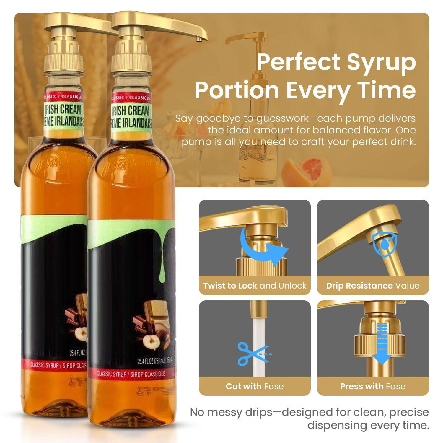 0.25 Fl Oz Gold Pack of 4 Condiment Dispenser Syrup Pumps