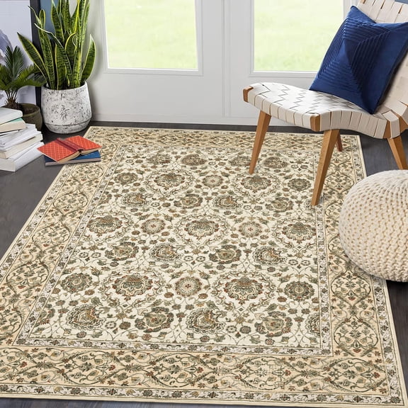 Washable Area Rugs 5x7 Vintage Printed Accent Rug Non-Slip Oriental Throw Rugs, Farmhouse Low Pile Rugs for Bedroom Living Room Beige