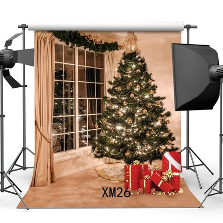 Image of MOHome 5x7ft Photography Backdrop Christmas Tree Xmas Gifts French Sash Curtains Interior Decoration Backdrops for Baby Kids Adults Happy New Year Party Event Background Photo Studio Props