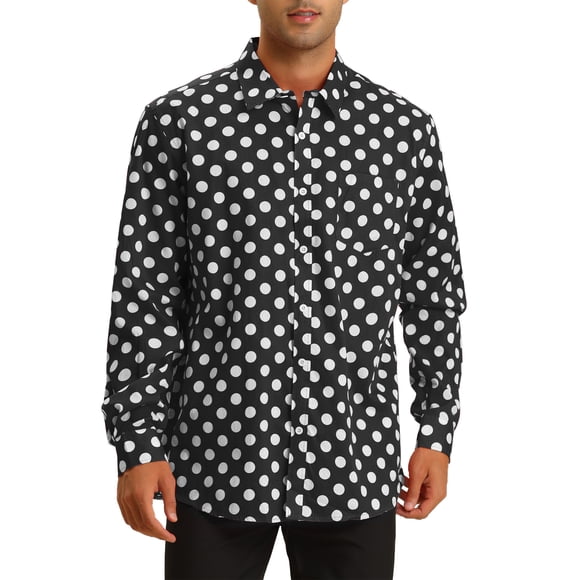 INSPIRE CHIC Men's Polka Dots Dress Shirts Button Down Long Sleeves Shirt Black L