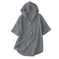thumbnail image 6 of Feancey Womens Cotton Linen Hooded Shirt Short Sleeve Button Down Blouses Summer Casual Lightweight Hoodie Tops with Drawstring Gray XXL, 6 of 7