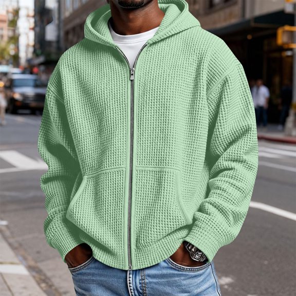 Hsovts Mens Waffle Knit Hoodies Jackets Casual Full Zip Up Hooded Sweatshirts Long Sleeve Drawstring Loose Coats with Pockets Mint Green M