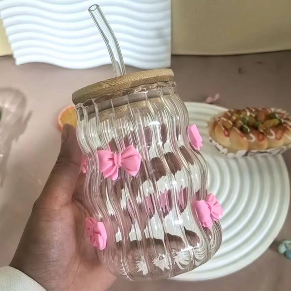 Aesthetic Glass Cup with Lid & Straw, Bow Decor Transparent Tumbler, Heat & Cold Resistant Vintage Ripple Cup for Iced Coffee, Milk Tea, Juice - (450ML Glass Cup)_1Pc
