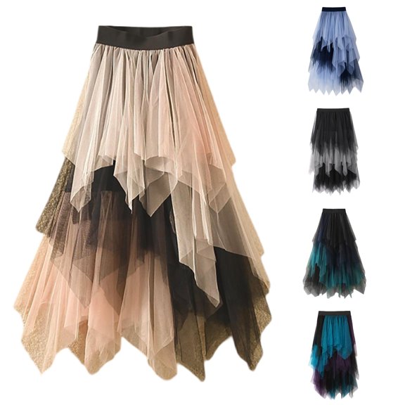 PMVFHDE Womens Maxi A-line Long Skirt Gradient Irregular Tulle Long Half Skirt Solid Casual Summer Daily Wear