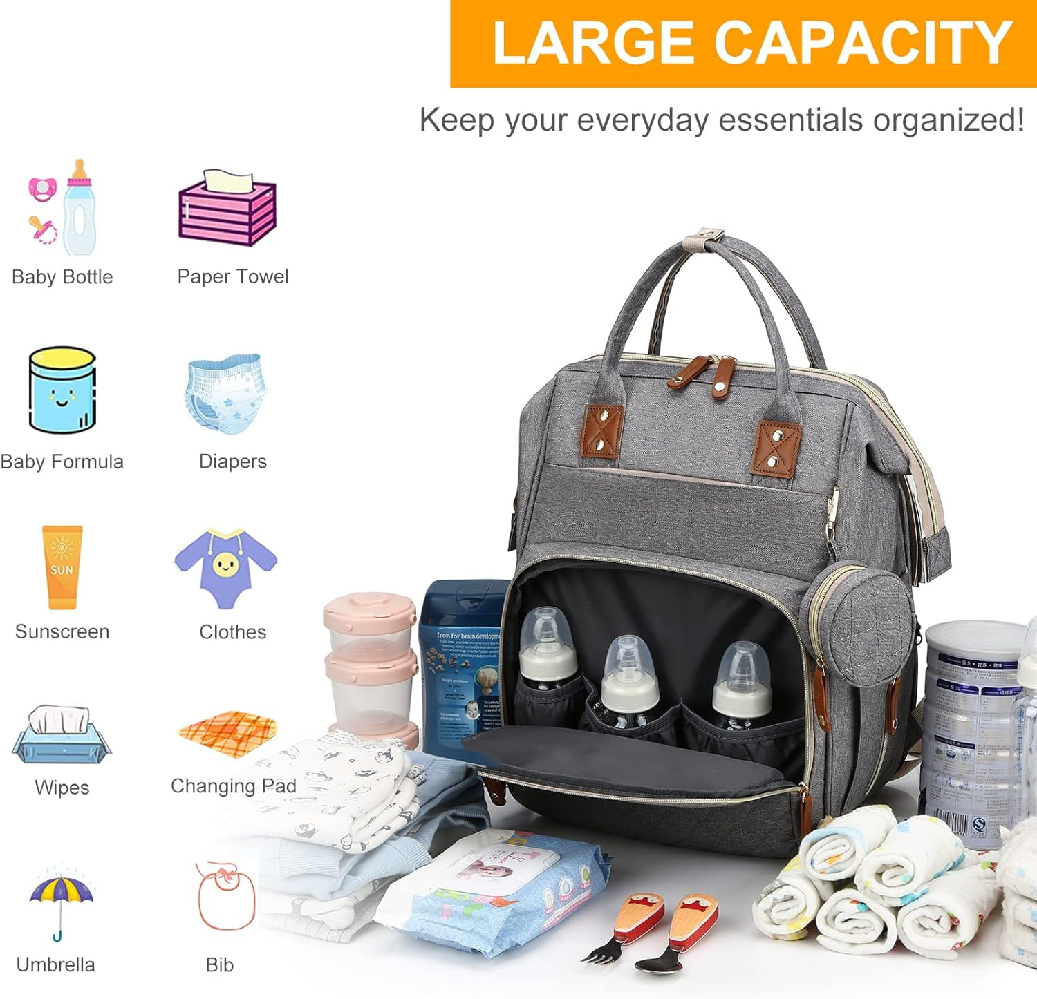 Diaper Bag with Changing Station, Waterproof 3 in 1 Baby Diaper Backpack with Foldable Changing Pad, Large Travel Back Pack for Baby Girl Boy, Grey