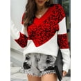 thumbnail image 5 of Womens Striped Sweater Casual Leopard Long Sleeve V Neck Chunky Knit Drop Shoulder Pullover Jumper Tops Red M, 5 of 8