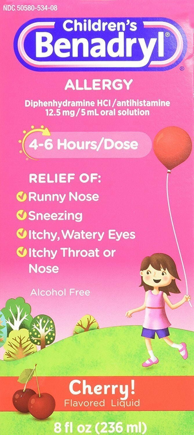 Children's Benadryl Antihistamine Allergy Cherry Alcohol-Free 8 oz, 2-Pack
