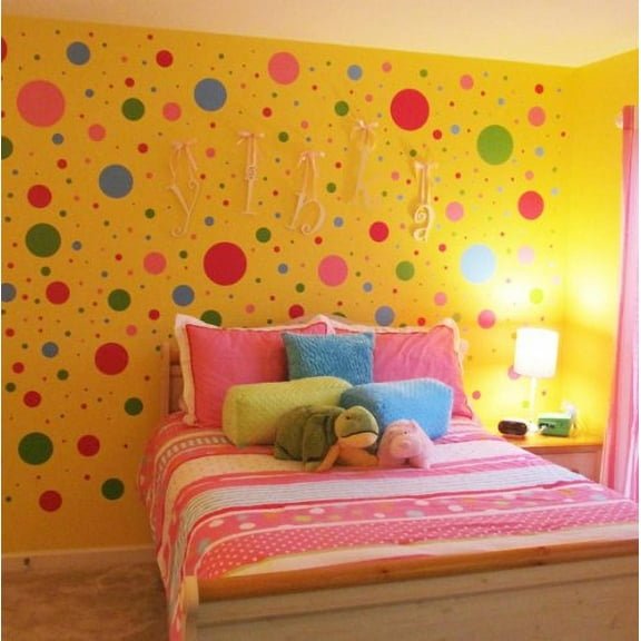 MultiColored Polka Dots Wall Decals-Bright Fun Colors OrangeYellowLimeGreenBluePinkPurple(126) Fun Dots 1"-6.5"