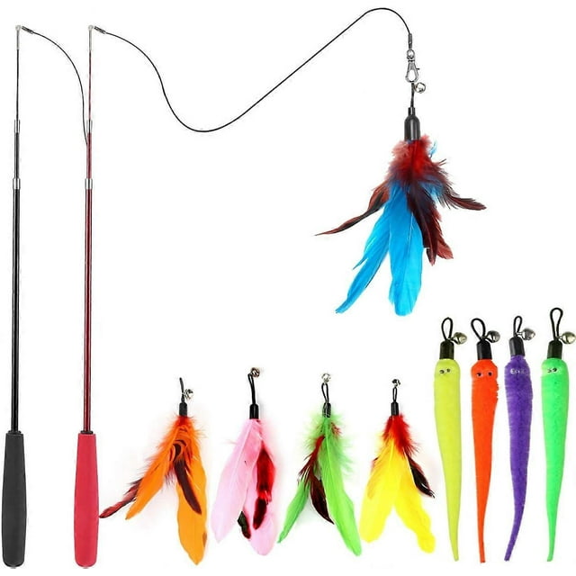 Cat Toys for Indoor Cats, 2PCS Retractable Cat Wand Toy and 9PCS Cat Feather Toys Teaser Refills, Interactive Cat Toy