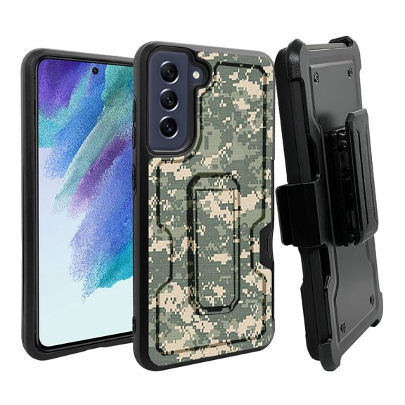 ANJ  Rugged Dual Layer Shockproof Holster Case w/Card Slot   Tempered Glass Cover for Samsung Galaxy S21 FE 5G - ACU Digital Camo
