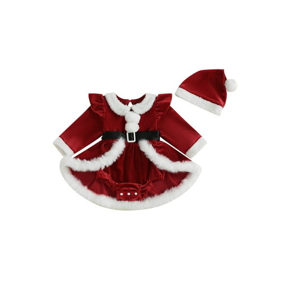 Miaouyo Infant Baby Girls Christmas Romper Dress 1 3 6 9 12 18 Months Plush Patchwork Long Sleeve Jumpsuits and Cute Santa Hat Set