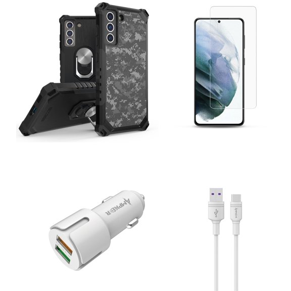 BC Tri-Shield Heavy Duty Rugged Slim Case (Digital Pixel Camo) Bundled with Screen Protectors (2-Pack), 30W Fast Car Charger, 3A Type-C to USB Cable (5 Feet) for Samsung Galaxy S21 FE