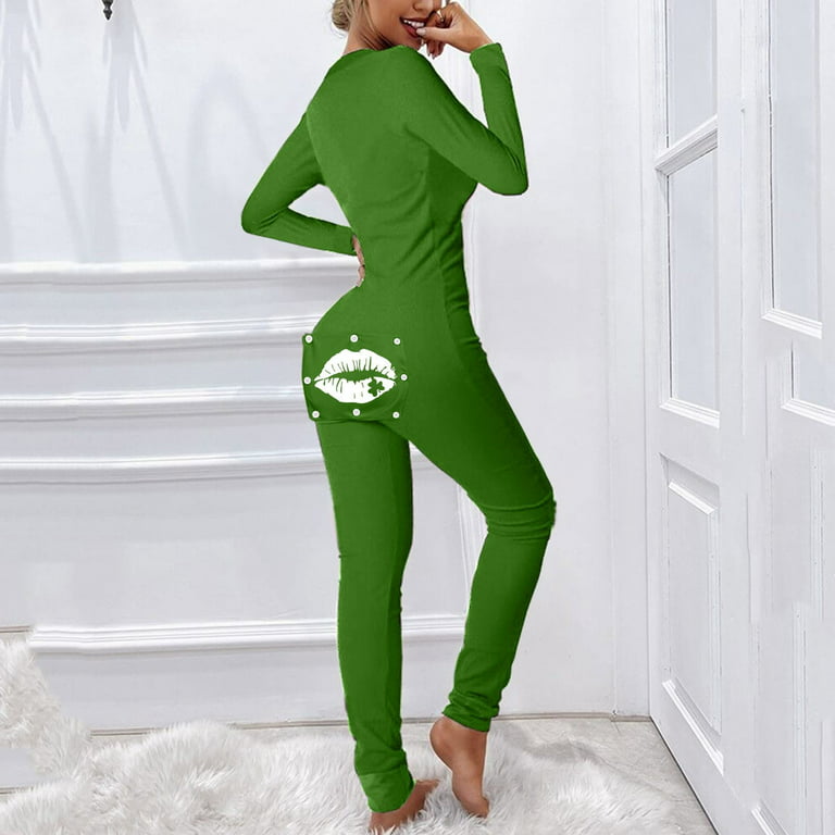 Adult Onesie Pajamas for Women Sexy Jumpsuits Butt Flap One Piece Pajamas  Christmas Printed Long Sleeve Bodysuit Button V Neck Sleepwears